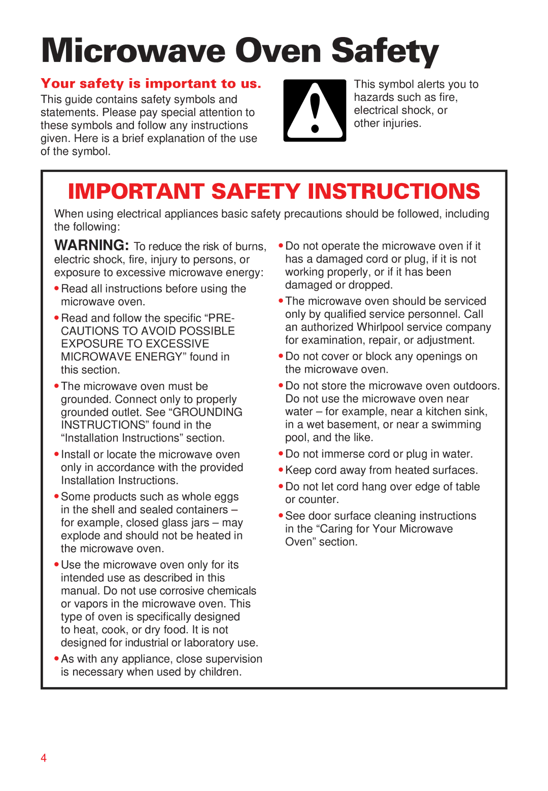 Whirlpool YMT8066SE, YMT8068SE installation instructions Microwave Oven Safety, Your safety is important to us 