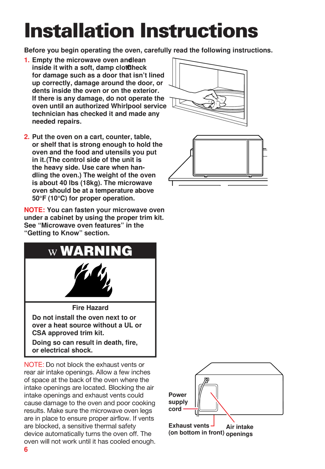 Whirlpool YMT8066SE, YMT8068SE installation instructions Installation Instructions, Wwarning 