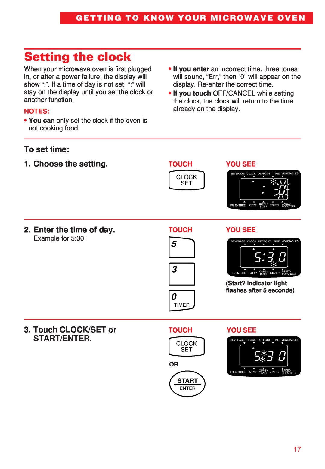 Whirlpool YMT8066SE, YMT8068SE Setting the clock, To set time 1. Choose the setting, Enter the time of day 