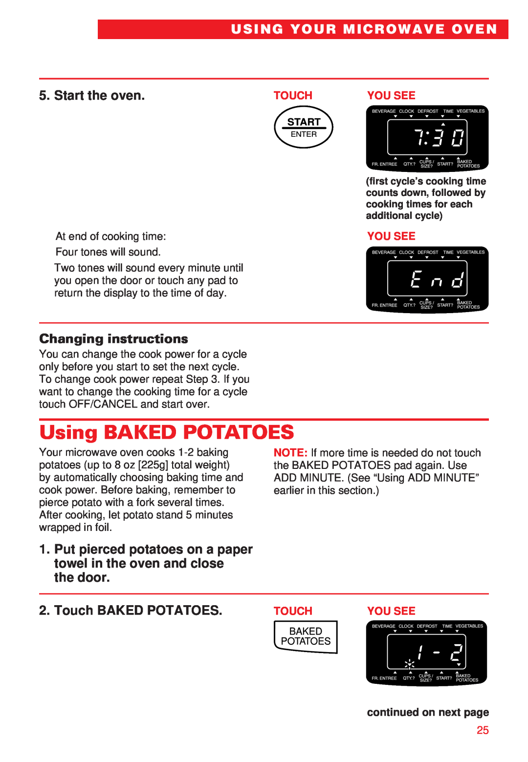 Whirlpool MT8068SE, YMT8066SE Using BAKED POTATOES, Start the oven, Changing instructions, Touch BAKED POTATOES 