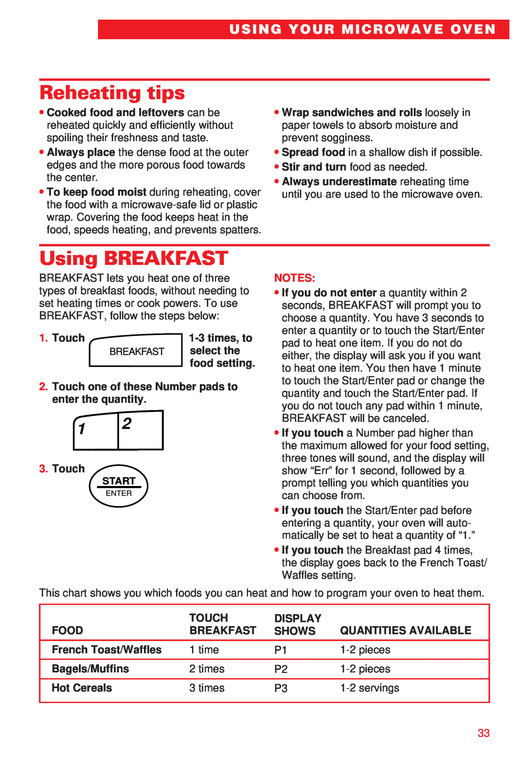 Whirlpool MT8066SE Reheating tips, Using BREAKFAST, times, to, select the, food setting, Breakfast, French Toast/Waffles 