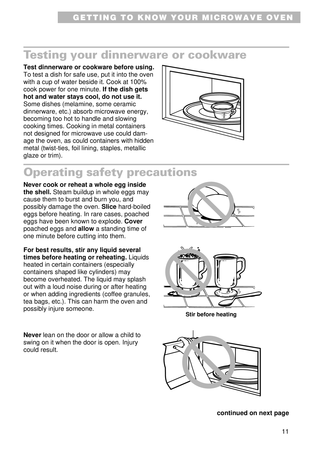 Whirlpool YMT9090SF, MT9100SF, YMT9101SF Testing your dinnerware or cookware, Operating safety precautions 