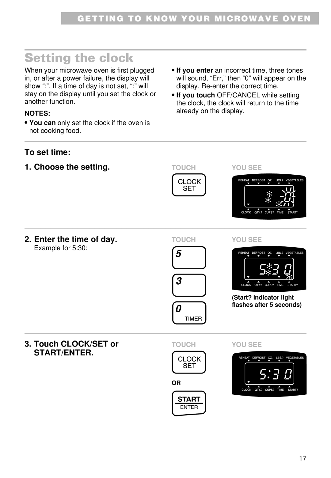 Whirlpool MT9100SF, YMT9101SF, YMT9090SF installation instructions Setting the clock 