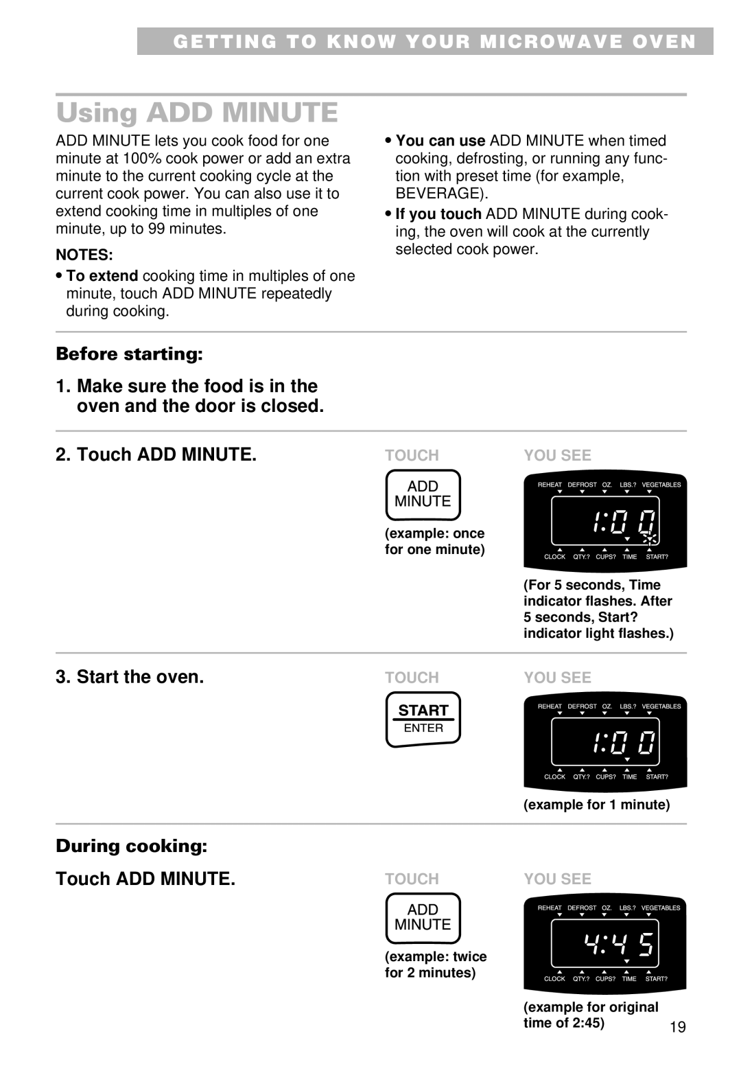 Whirlpool YMT9090SF, MT9100SF, YMT9101SF installation instructions Using ADD Minute, During cooking Touch ADD Minute 