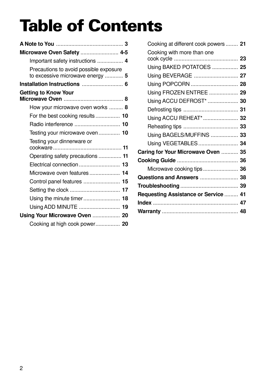 Whirlpool YMT9101SF, MT9100SF, YMT9090SF installation instructions Table of Contents 