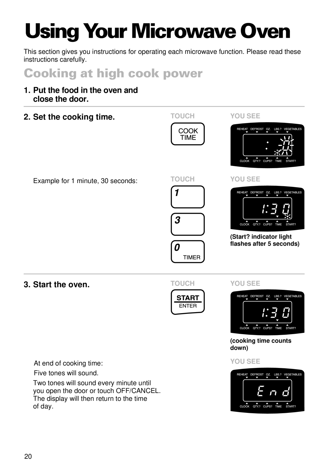 Whirlpool MT9100SF, YMT9101SF, YMT9090SF installation instructions Using Your Microwave Oven, Cooking at high cook power 