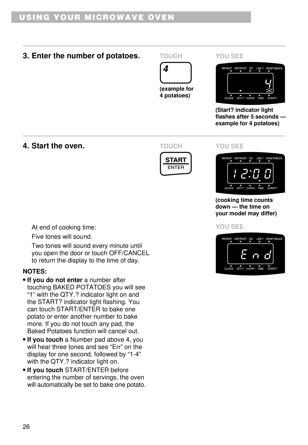 Whirlpool YMT9101SF, MT9100SF, YMT9090SF installation instructions Enter the number of potatoes 