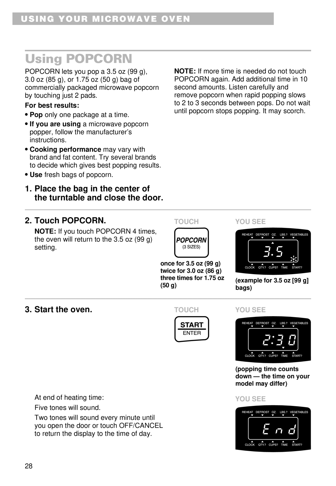 Whirlpool MT9100SF, YMT9101SF, YMT9090SF installation instructions Using Popcorn, For best results 