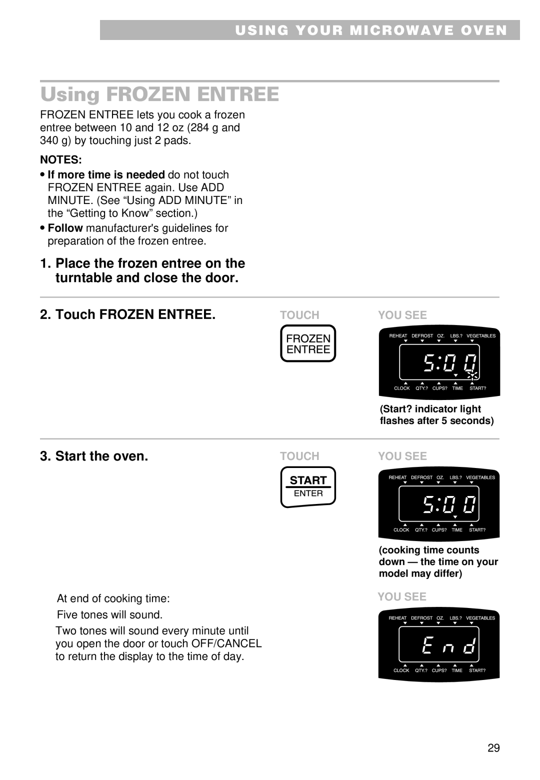 Whirlpool MT9100SF, YMT9101SF, YMT9090SF installation instructions Using Frozen Entree 