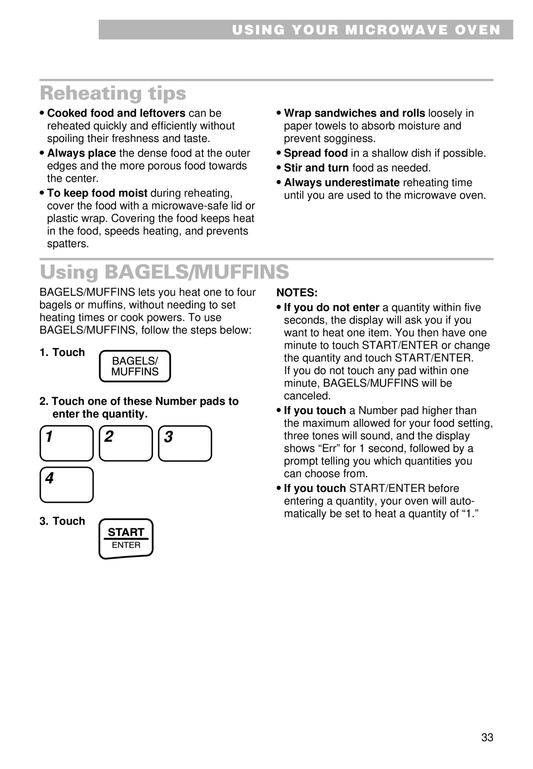 Whirlpool MT9101SF Reheating tips, Using BAGELS/MUFFINS, Touch Touch one of these Number pads to enter the quantity 