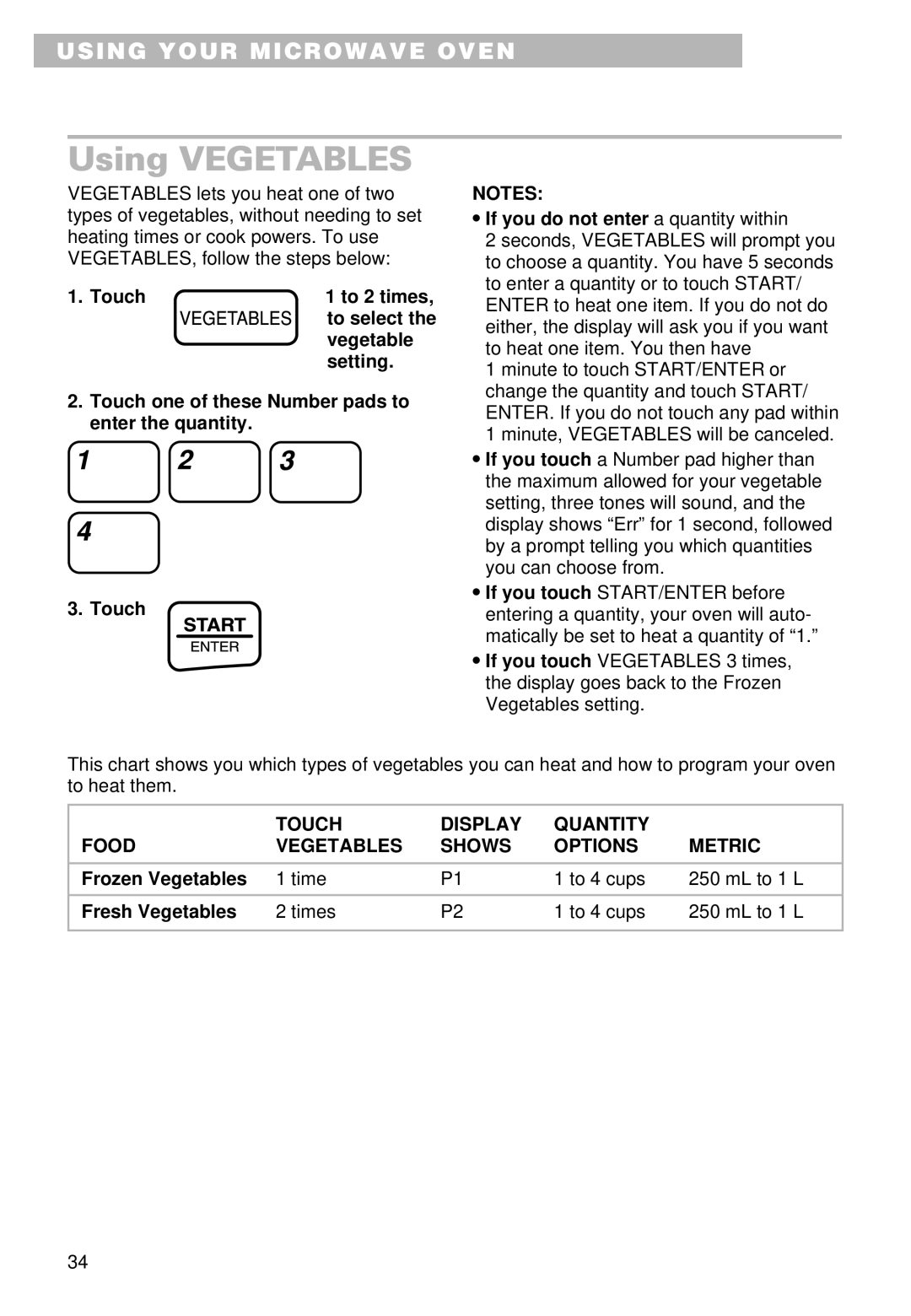 Whirlpool YMT9101SF, MT9100SF, YMT9090SF Using Vegetables, Touch Display Quantity Food Vegetables Shows Options Metric 