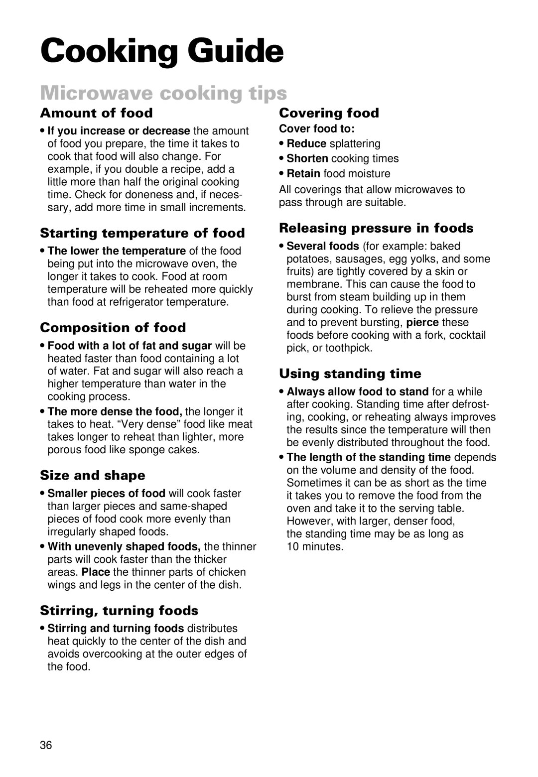 Whirlpool MT9100SF, YMT9101SF, YMT9090SF installation instructions Cooking Guide, Microwave cooking tips 