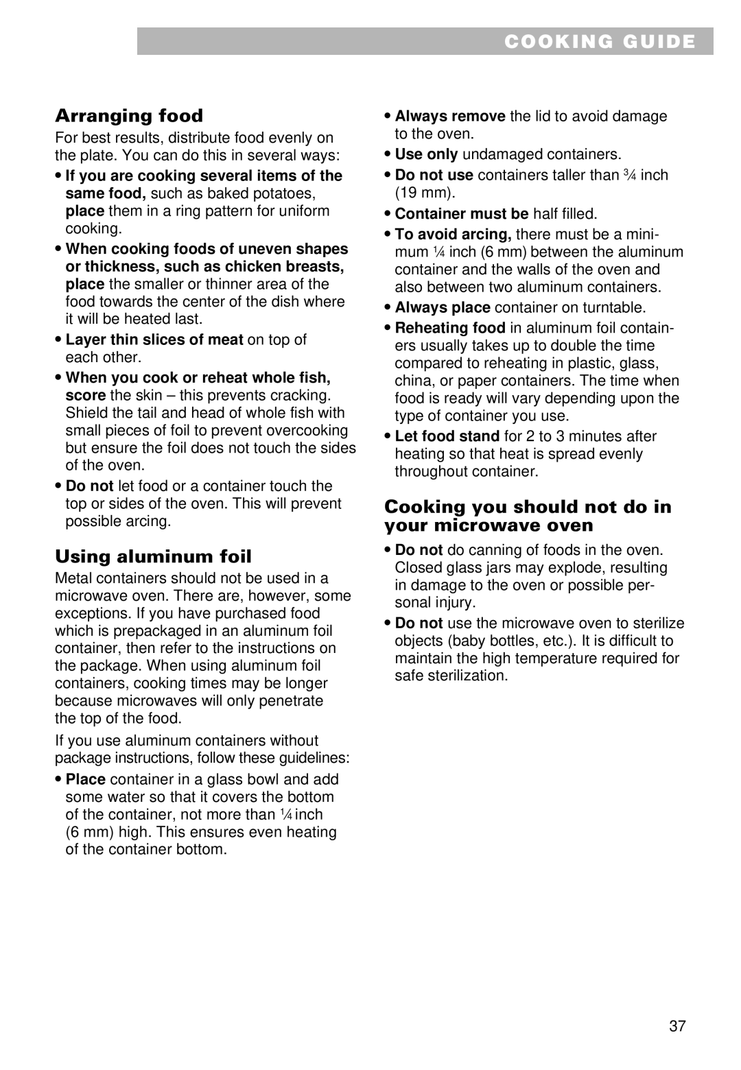 Whirlpool MT9101SF, MT9100SF Arranging food, Using aluminum foil, Cooking you should not do in your microwave oven 