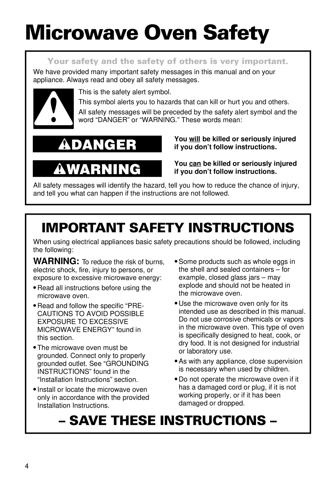 Whirlpool MT9100SF, YMT9101SF, YMT9090SF Microwave Oven Safety, Your safety and the safety of others is very important 