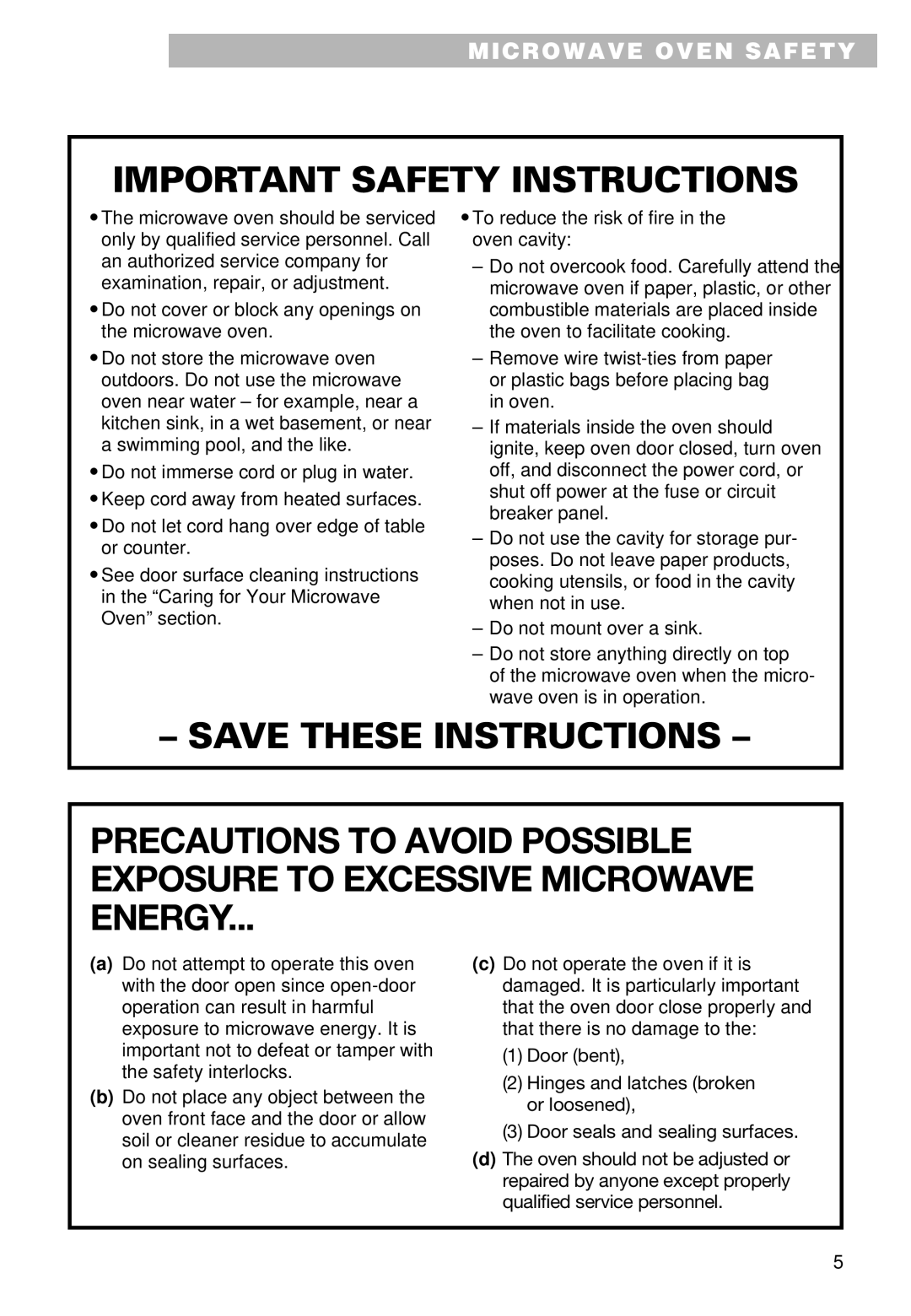 Whirlpool MT9100SF, YMT9101SF, YMT9090SF installation instructions Microwave Oven Safety 