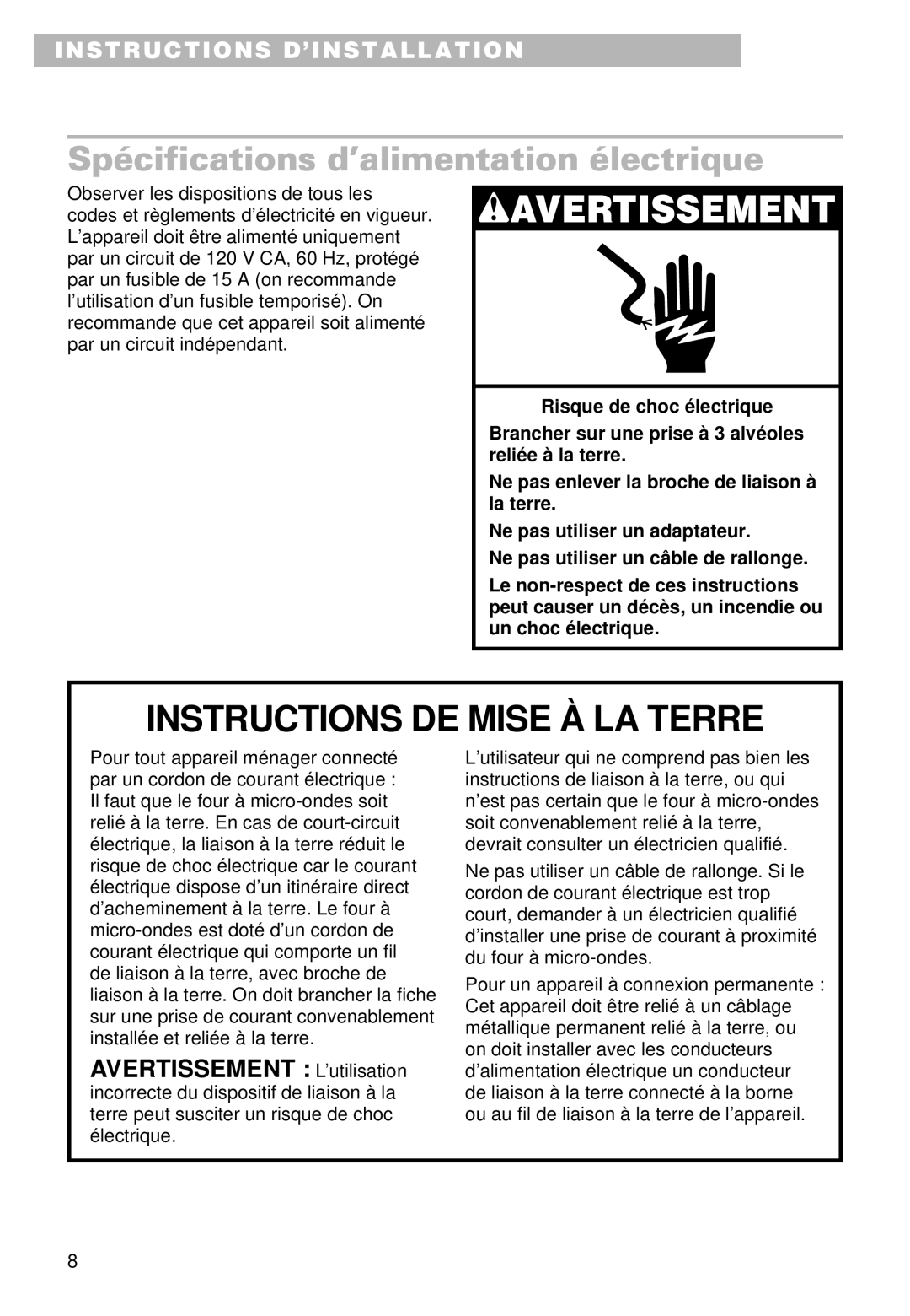 Whirlpool MT9100SF, YMT9101SF, YMT9090SF Instructions DE Mise À LA Terre, Spécifications d’alimentation électrique 