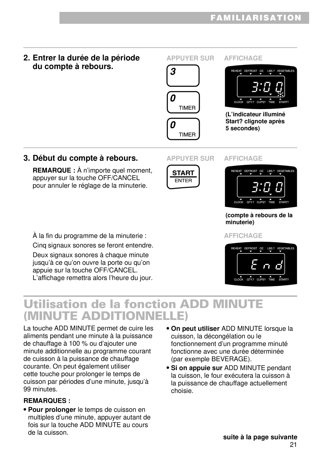 Whirlpool MT9101SF, MT9100SF Utilisation de la fonction ADD Minute Minute Additionnelle, Début du compte à rebours 