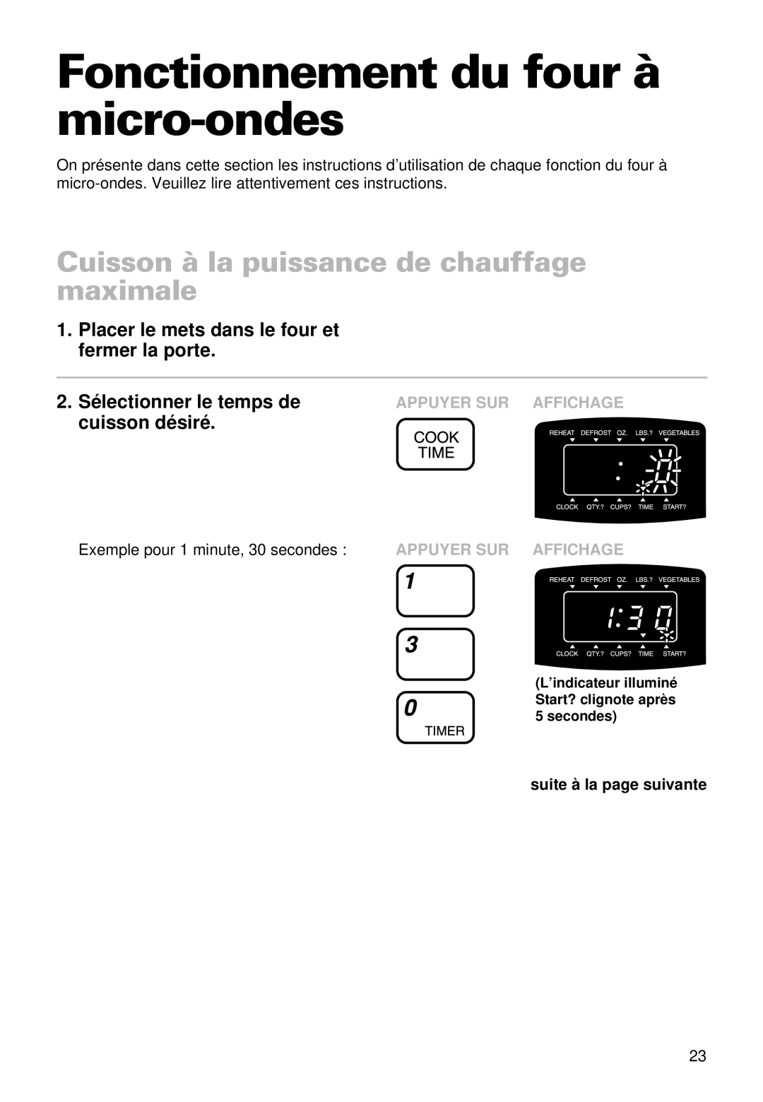 Whirlpool YMT9090SF, MT9100SF, MT9101SF Fonctionnement du four à micro-ondes, Cuisson à la puissance de chauffage maximale 