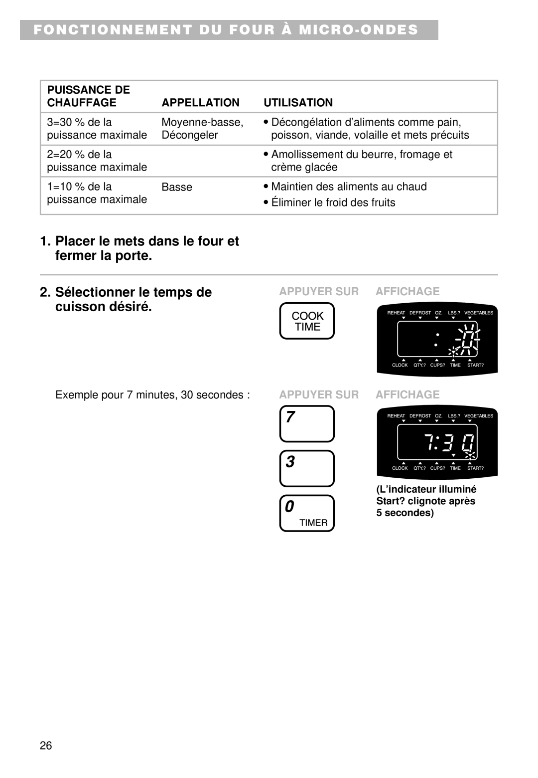 Whirlpool YMT9101SF, MT9100SF, YMT9090SF installation instructions Exemple pour 7 minutes, 30 secondes 