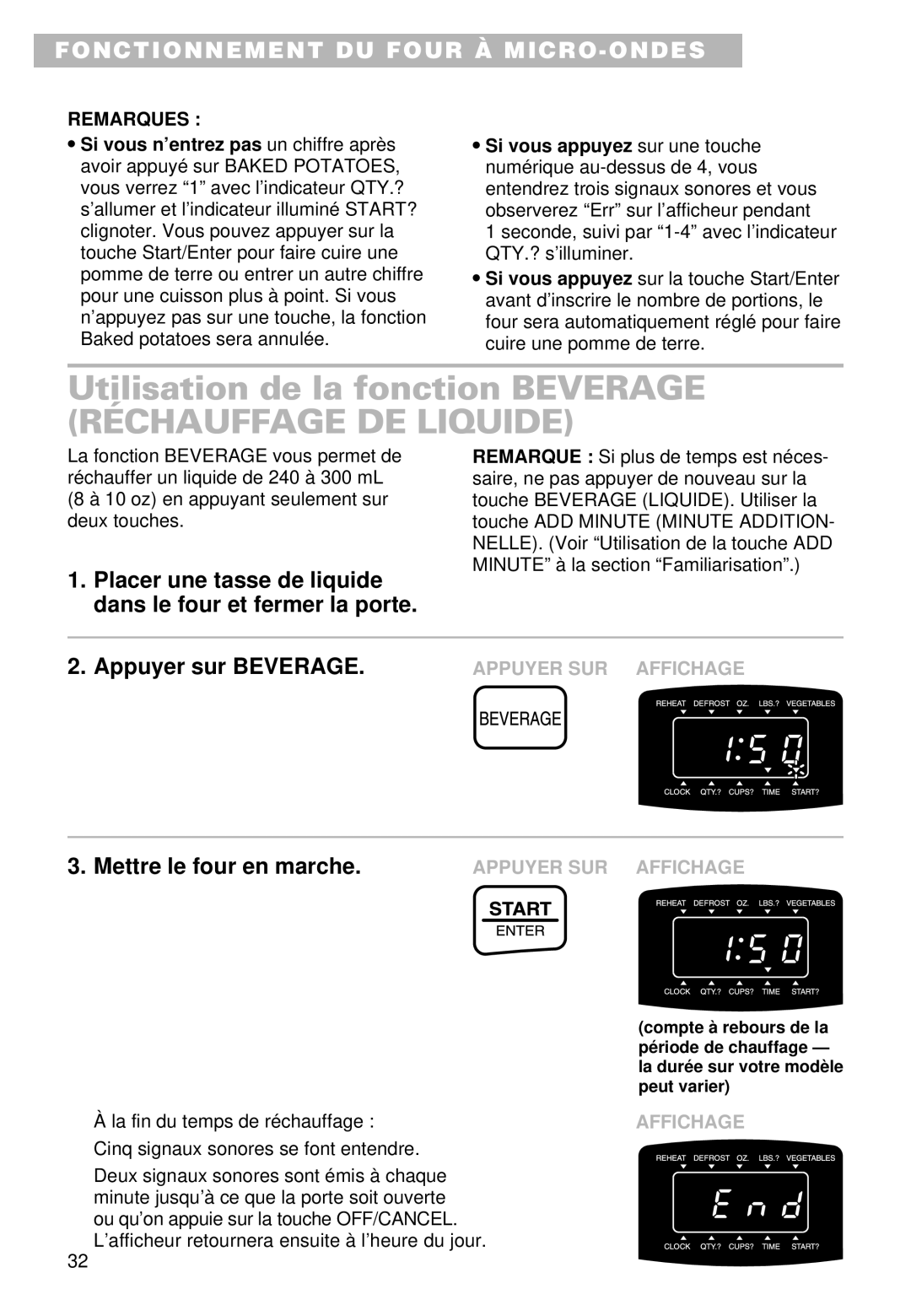 Whirlpool MT9100SF, YMT9101SF, YMT9090SF Utilisation de la fonction Beverage Réchauffage DE Liquide 