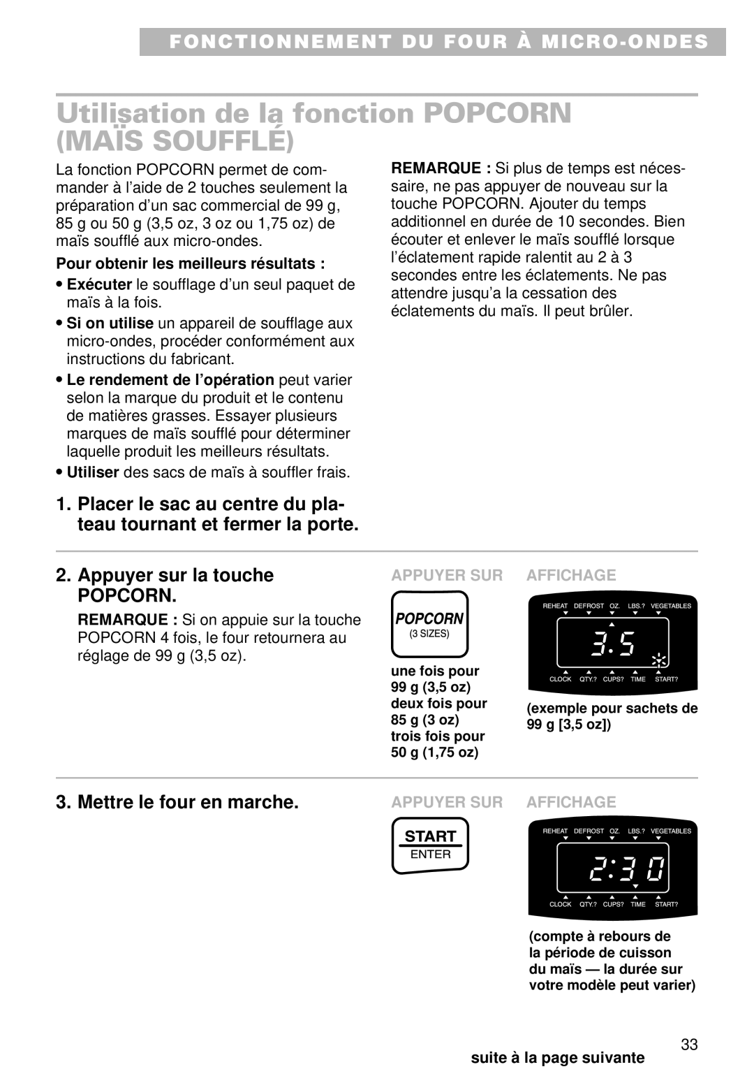 Whirlpool MT9100SF, YMT9101SF, YMT9090SF installation instructions Utilisation de la fonction Popcorn Maïs Soufflé 