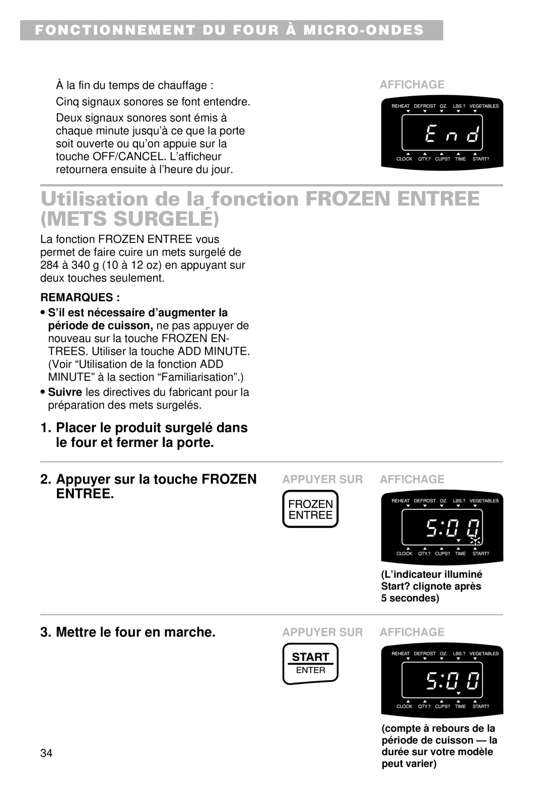 Whirlpool YMT9101SF, MT9100SF, YMT9090SF installation instructions Utilisation de la fonction Frozen Entree Mets Surgelé 