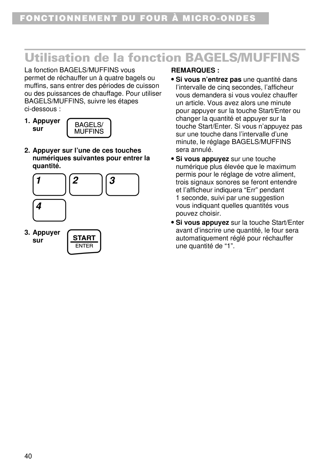 Whirlpool MT9100SF, YMT9101SF, YMT9090SF installation instructions Utilisation de la fonction BAGELS/MUFFINS 