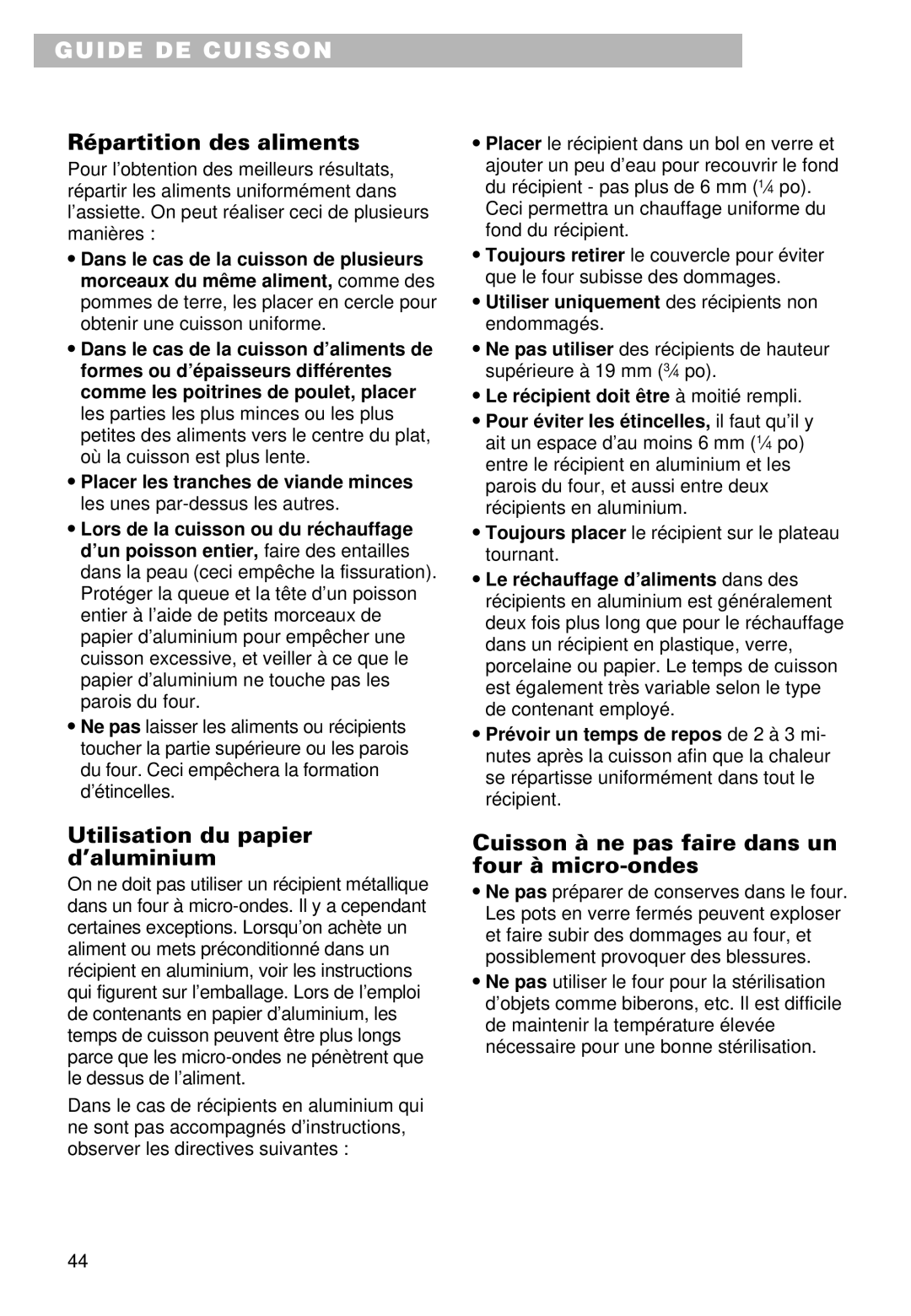 Whirlpool MT9100SF, YMT9101SF, YMT9090SF Répartition des aliments, Utilisation du papier d’aluminium 