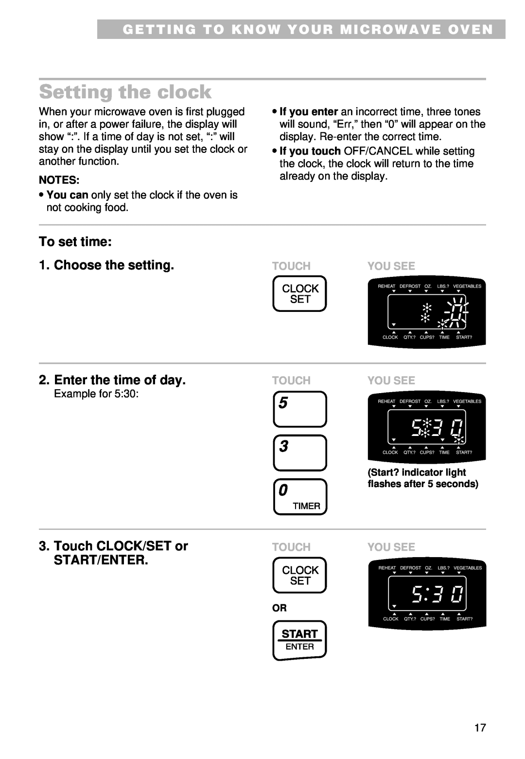 Whirlpool MT9101SF, MT9100SF Setting the clock, Getting To Know Your Microwave Oven, To set time 1. Choose the setting 