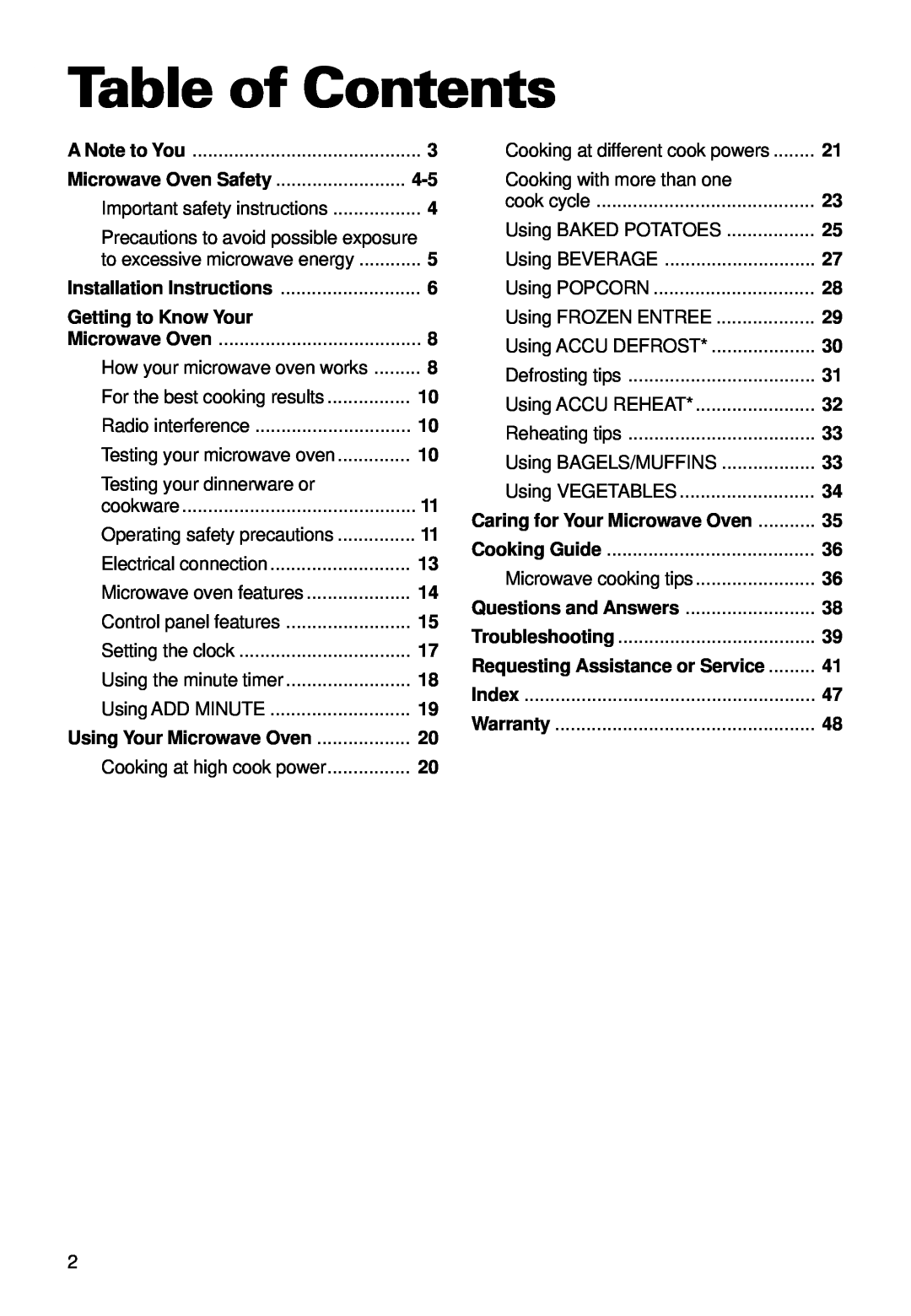 Whirlpool YMT9101SF, MT9100SF, YMT9090SF installation instructions Table of Contents 