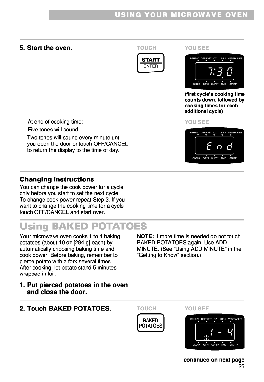 Whirlpool MT9101SF, MT9100SF Using BAKED POTATOES, Using Your Microwave Oven, Start the oven, Changing instructions 