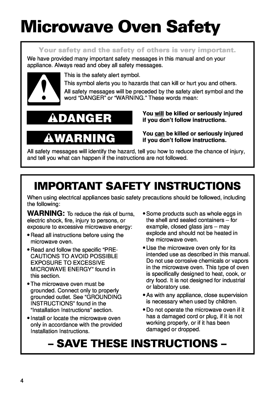 Whirlpool MT9100SF Microwave Oven Safety, wDANGER wWARNING, Important Safety Instructions, Save These Instructions 