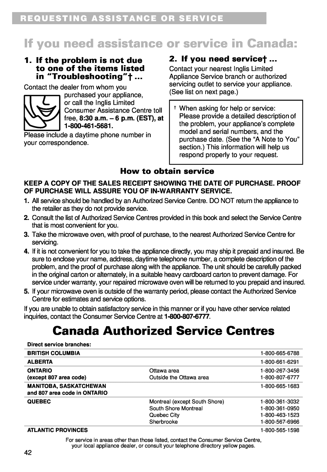 Whirlpool YMT9101SF Canada Authorized Service Centres, If you need assistance or service in Canada, If you need service† 
