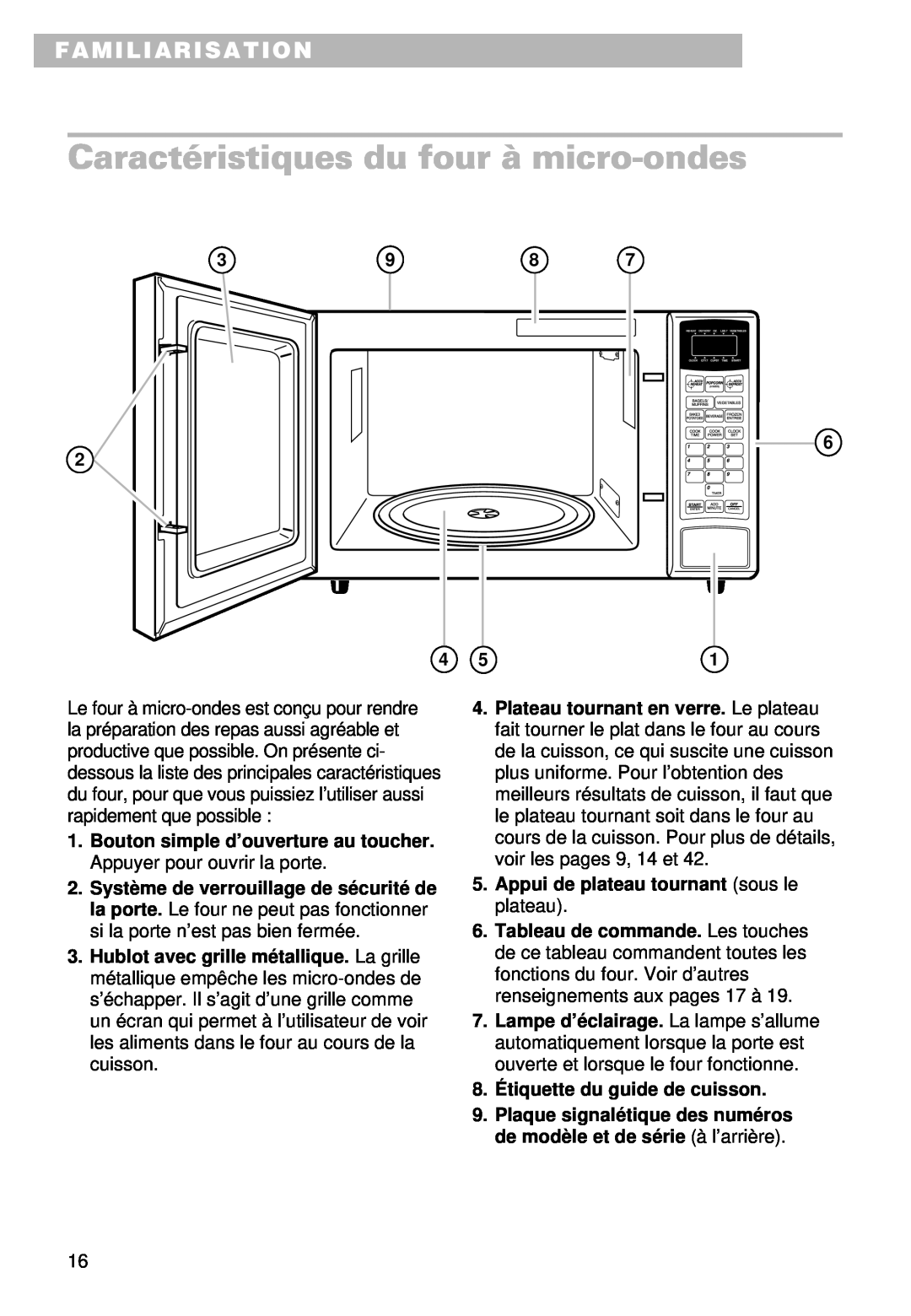 Whirlpool MT9100SF, YMT9101SF, YMT9090SF installation instructions Caractéristiques du four à micro-ondes, Familiarisation 