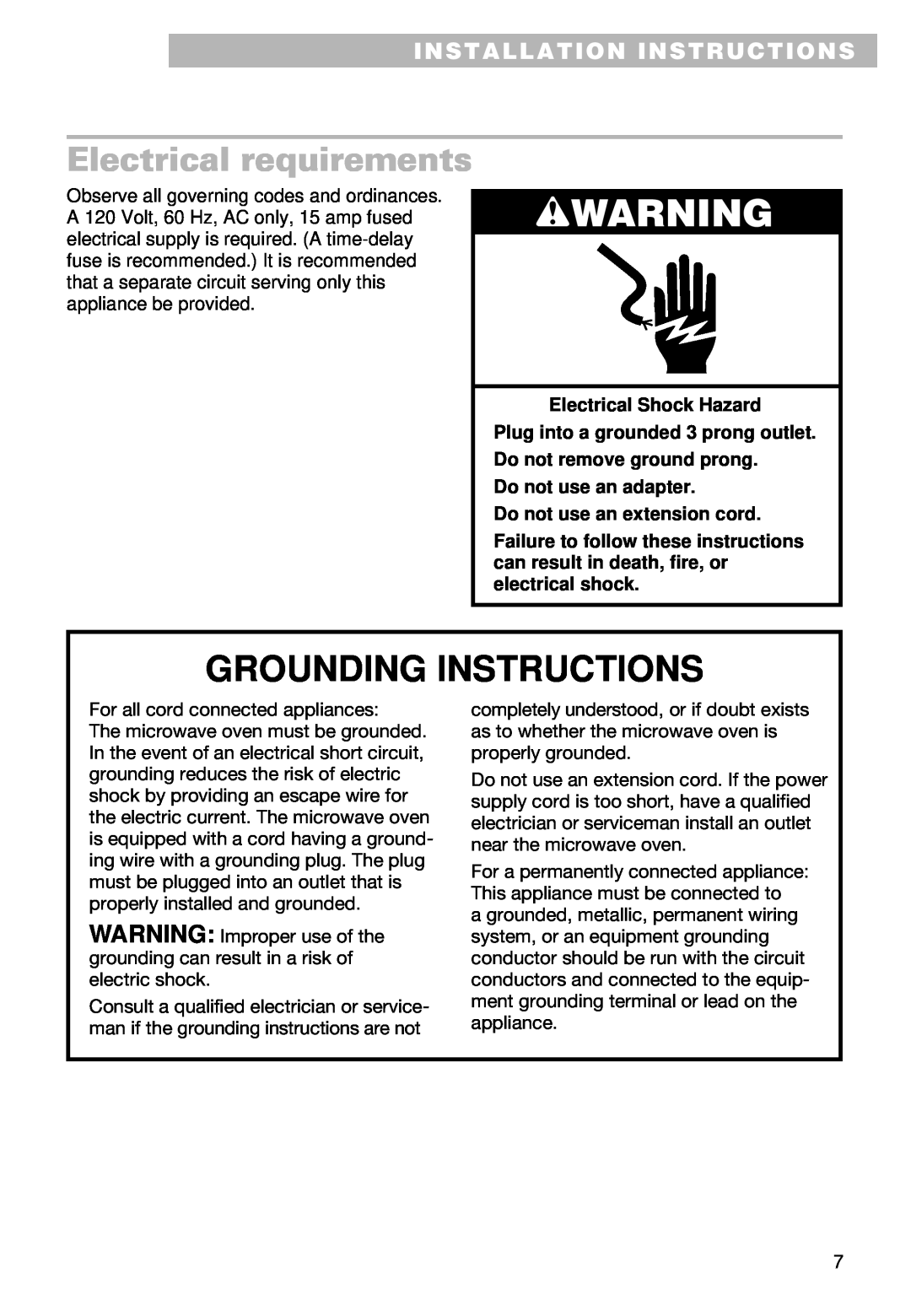 Whirlpool YMT9090SF, MT9100SF Grounding Instructions, wWARNING, Electrical requirements, Installation Instructions 
