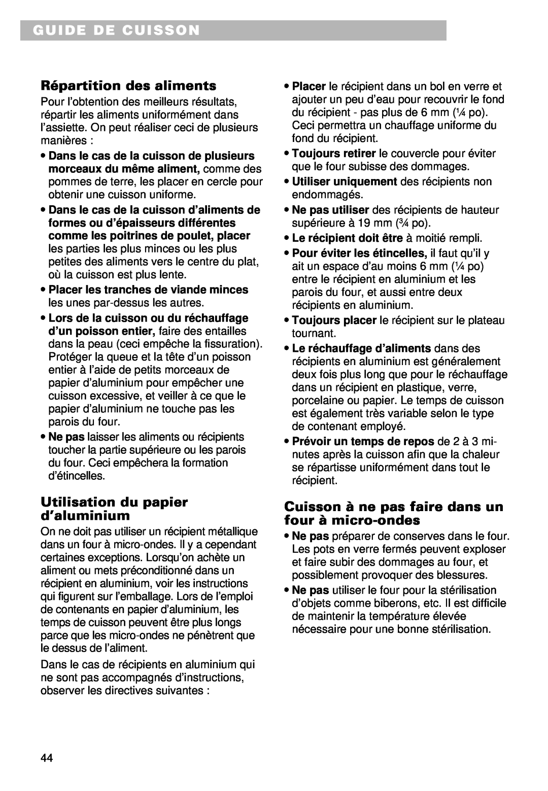 Whirlpool MT9100SF, YMT9101SF, YMT9090SF Guide De Cuisson, Répartition des aliments, Utilisation du papier d’aluminium 
