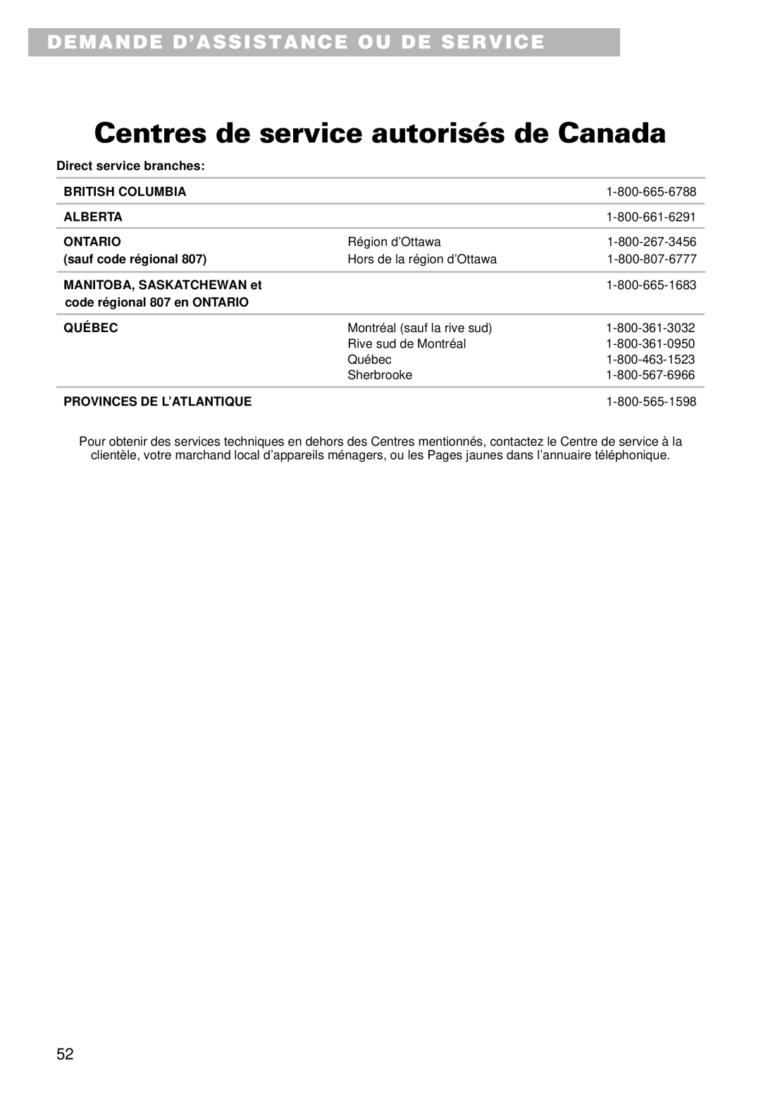 Whirlpool YMT9102SF, YMT9092SF installation instructions Centres de service autorisés de Canada 