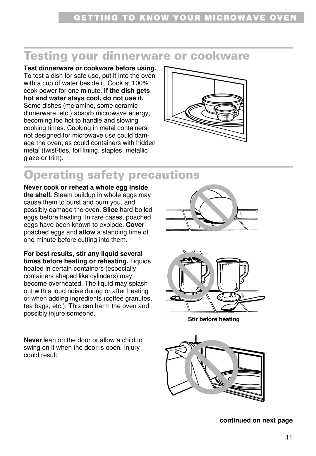 Whirlpool YMT9092SF, YMT9102SF Testing your dinnerware or cookware, Operating safety precautions 