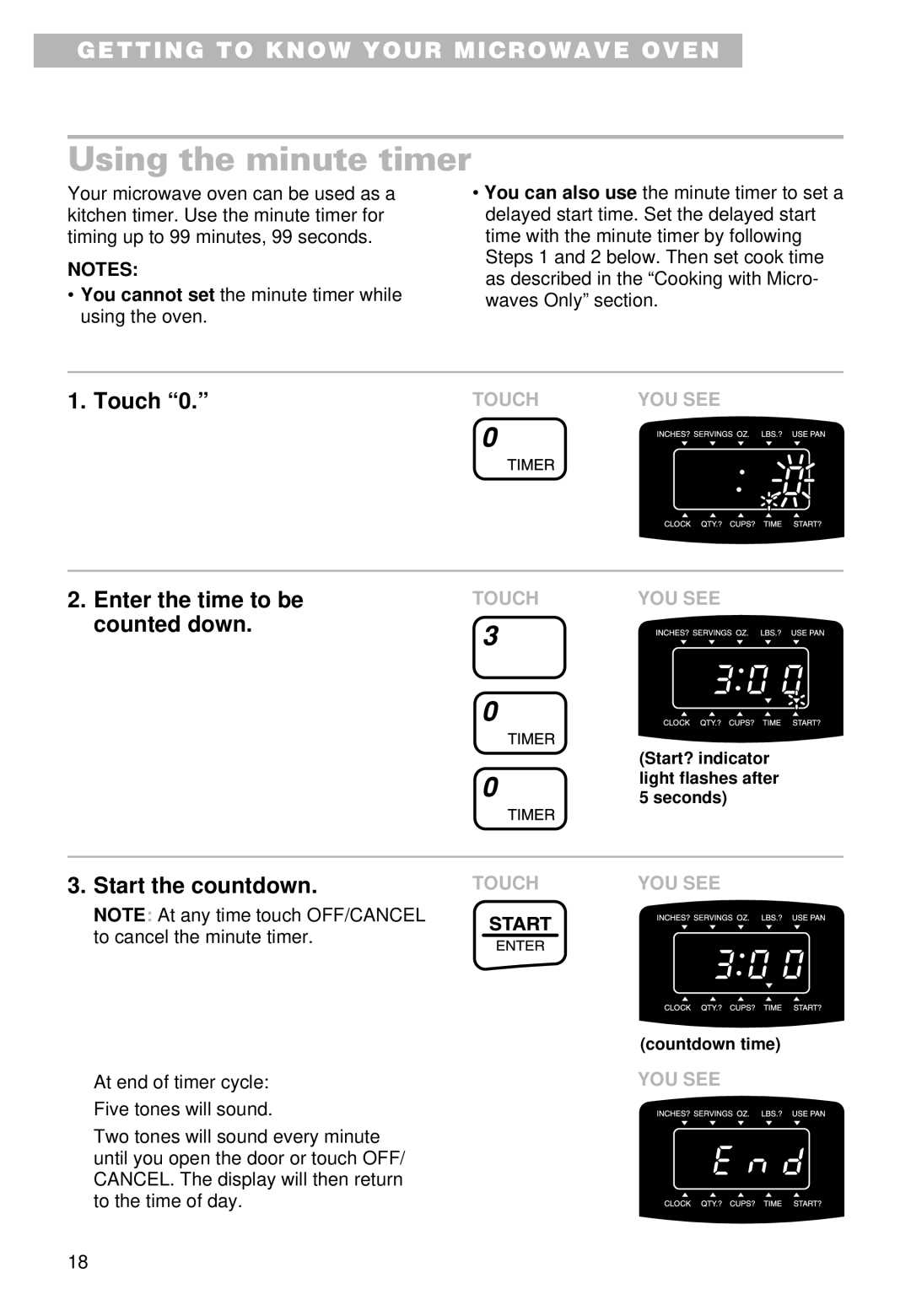 Whirlpool YMT9102SF, YMT9092SF installation instructions Using the minute timer, Touch 