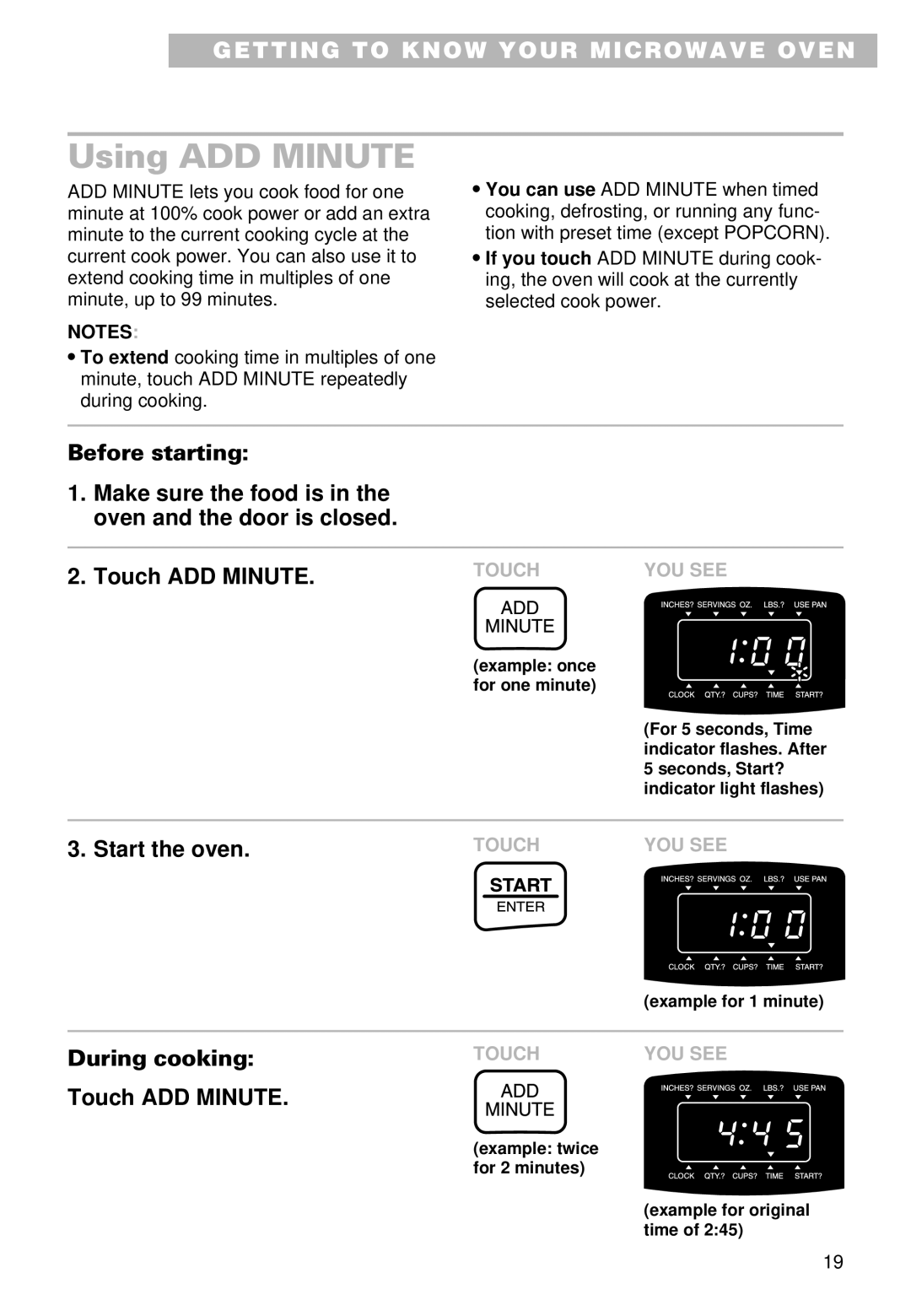 Whirlpool YMT9102SF, YMT9092SF installation instructions Using ADD Minute, During cooking Touch ADD Minute 