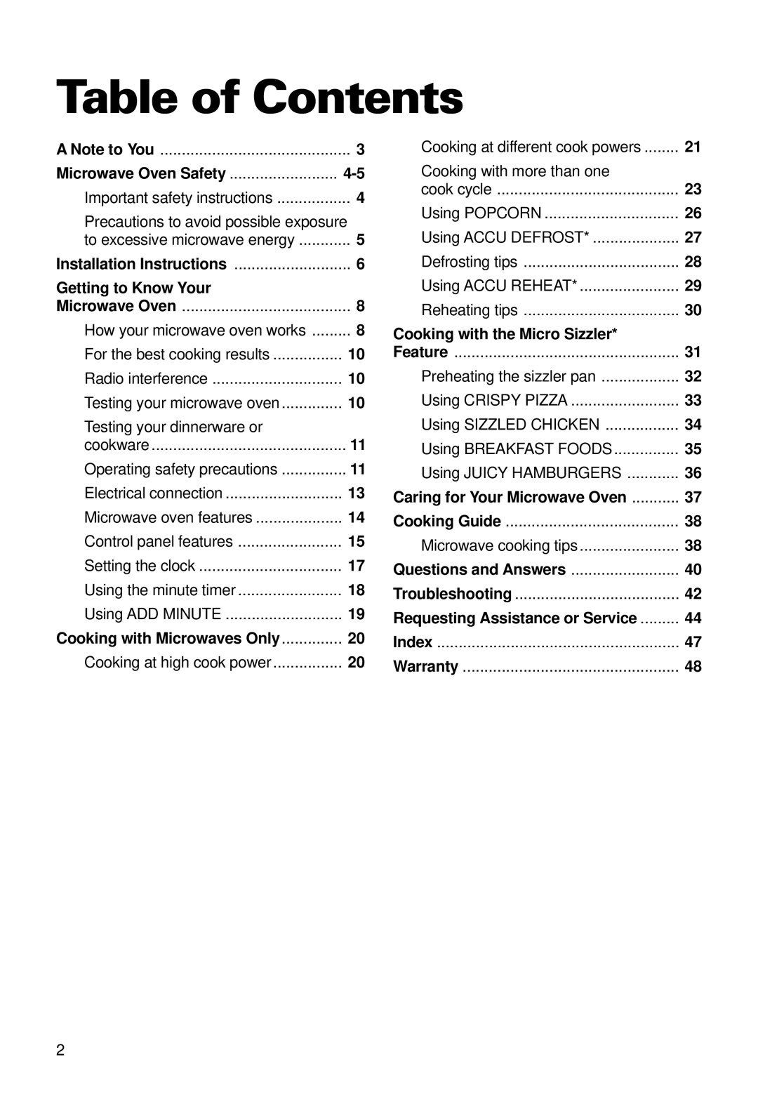 Whirlpool YMT9092SF, YMT9102SF installation instructions Table of Contents 