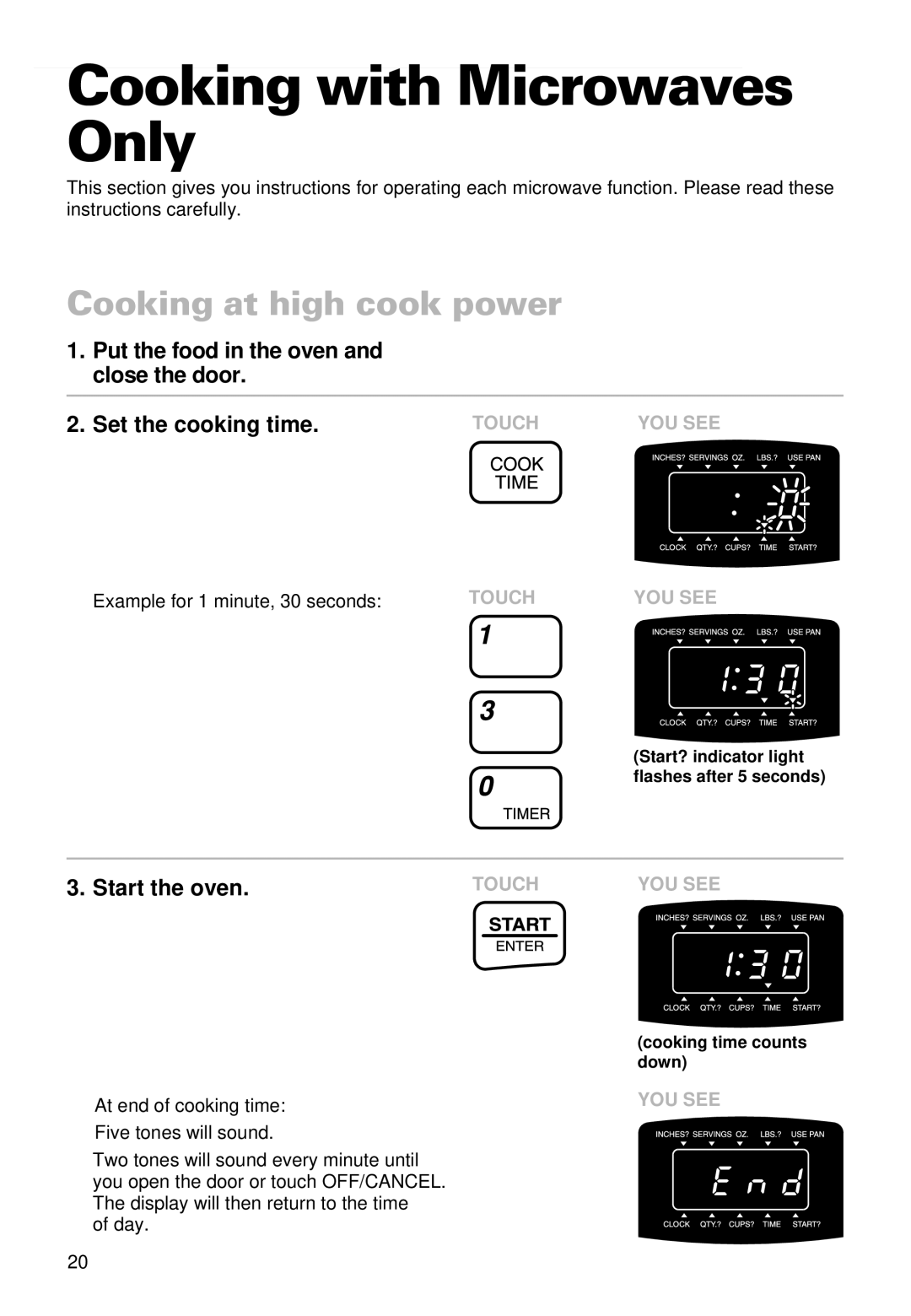 Whirlpool YMT9092SF, YMT9102SF installation instructions Cooking with Microwaves Only, Cooking at high cook power 