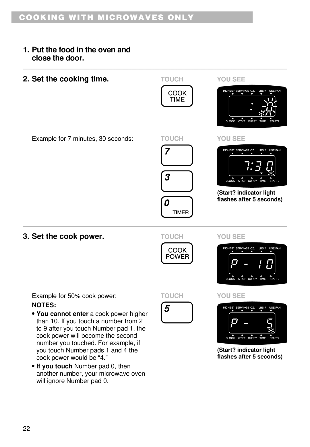 Whirlpool YMT9102SF, YMT9092SF installation instructions Set the cook power 