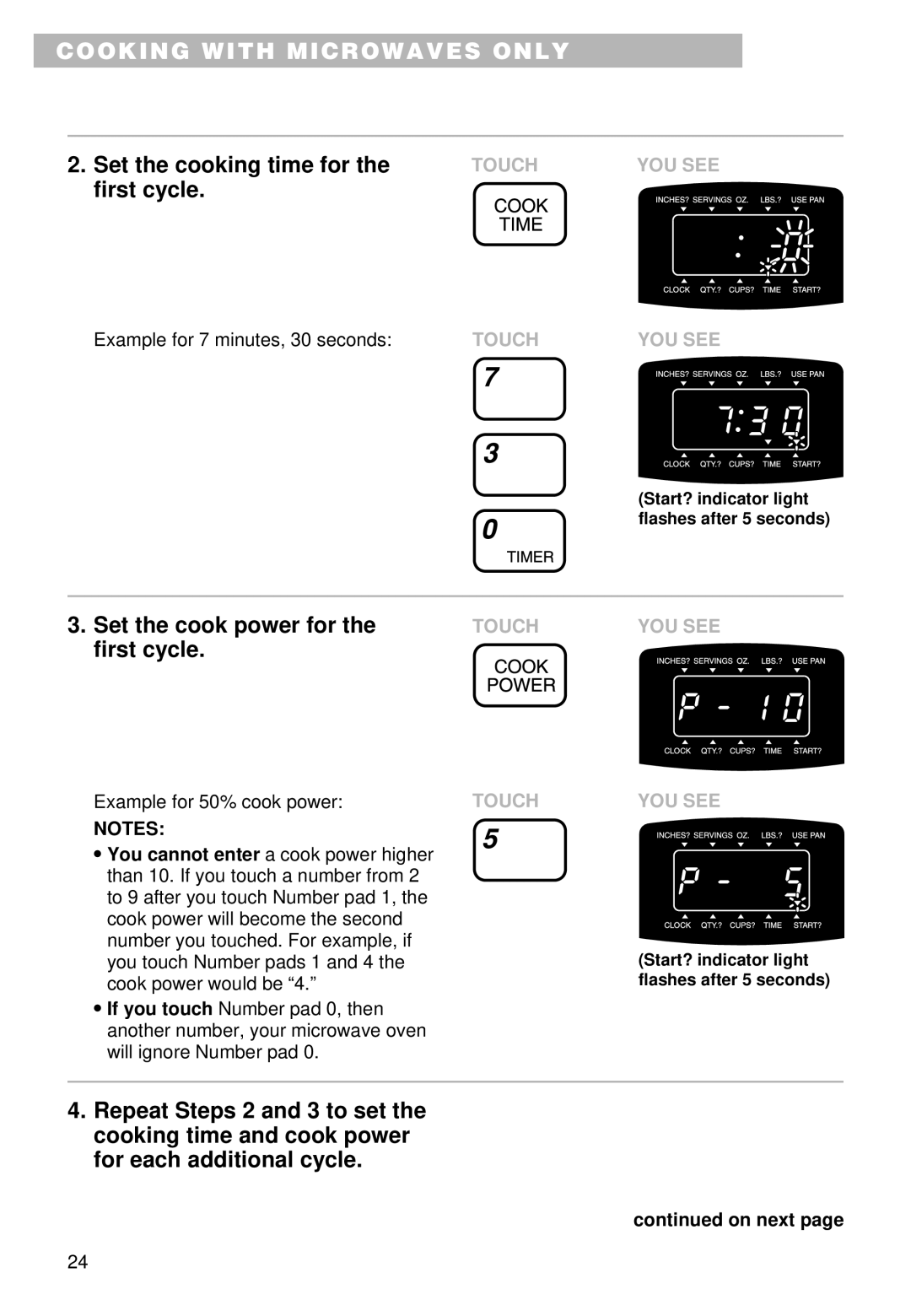 Whirlpool YMT9102SF, YMT9092SF installation instructions Set the cook power for 