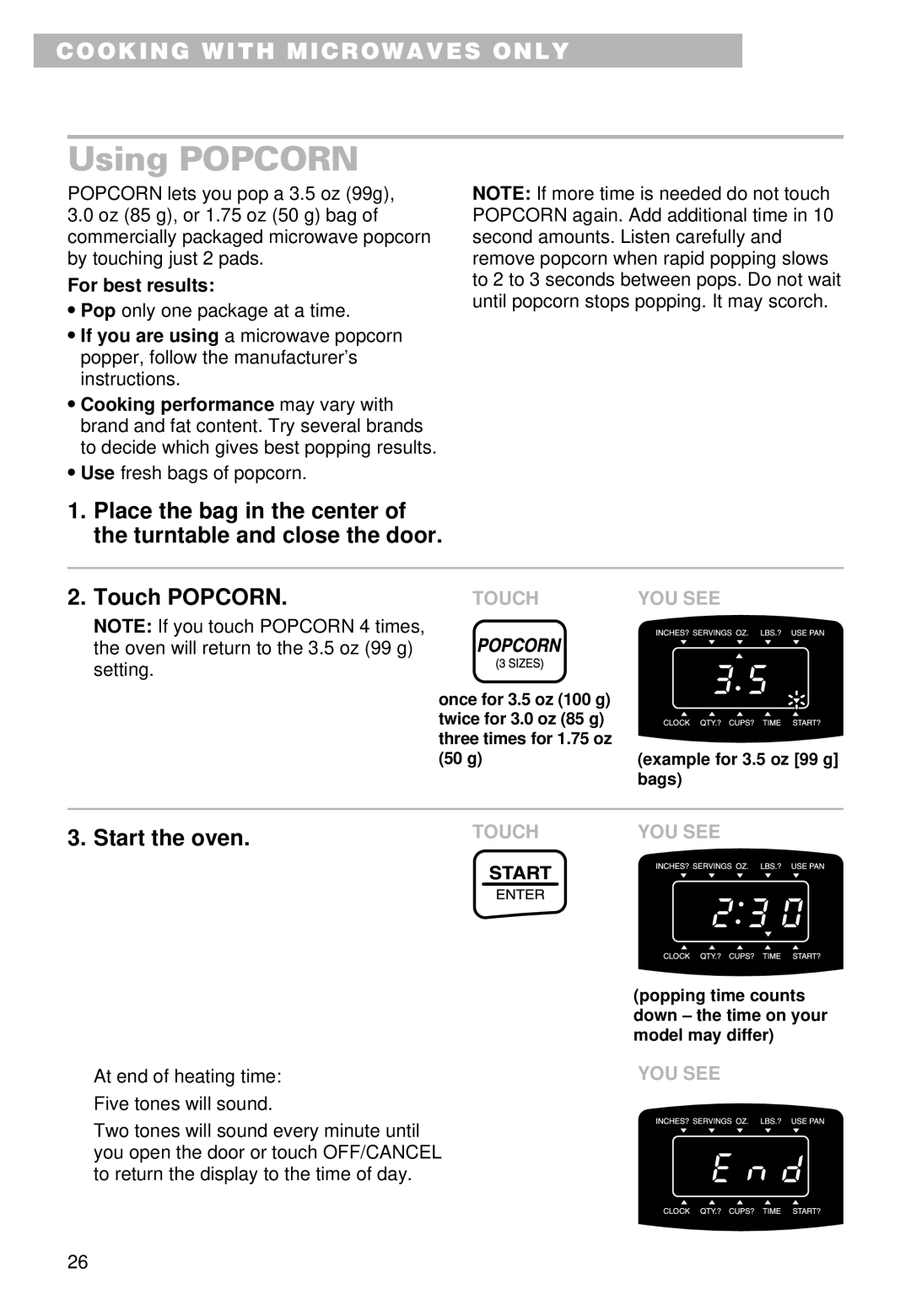 Whirlpool YMT9092SF, YMT9102SF installation instructions Using Popcorn, For best results 