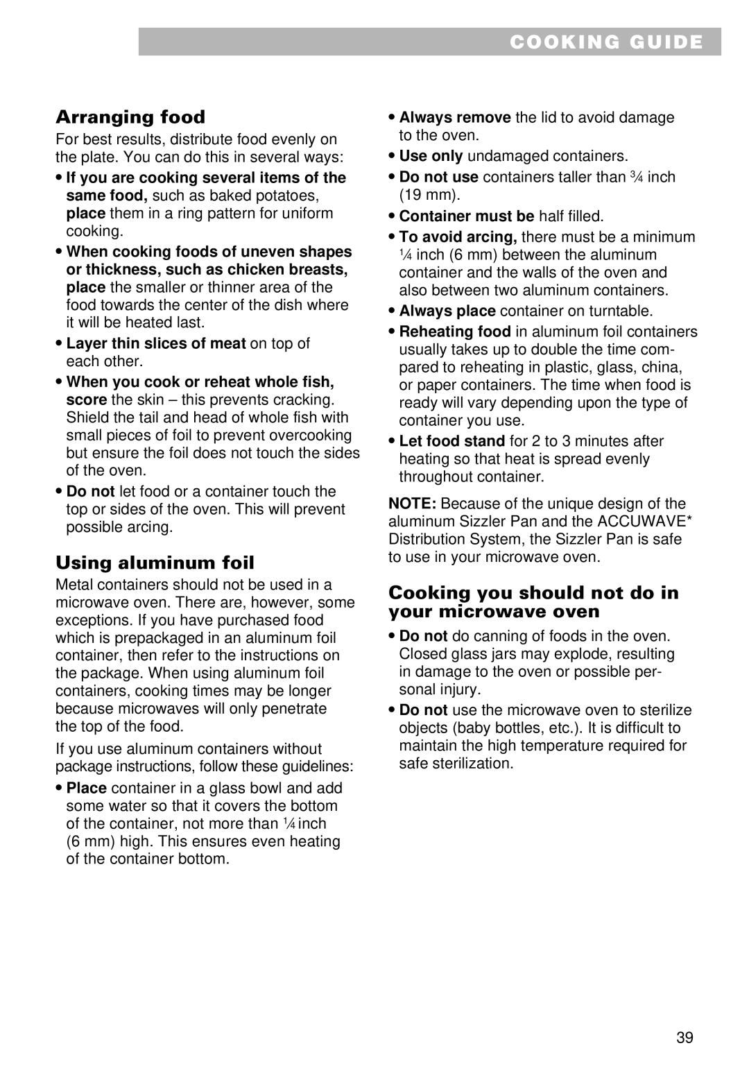 Whirlpool YMT9102SF, YMT9092SF Arranging food, Using aluminum foil, Cooking you should not do, Your microwave oven 