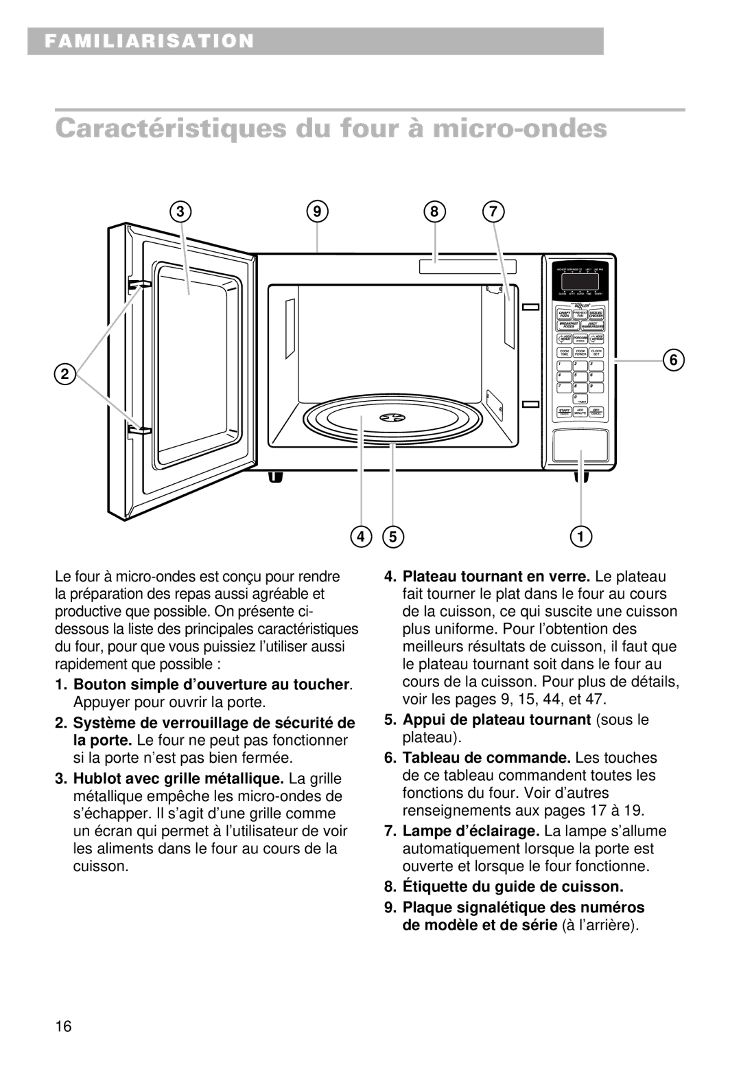 Whirlpool YMT9102SF, YMT9092SF installation instructions Caractéristiques du four à micro-ondes 