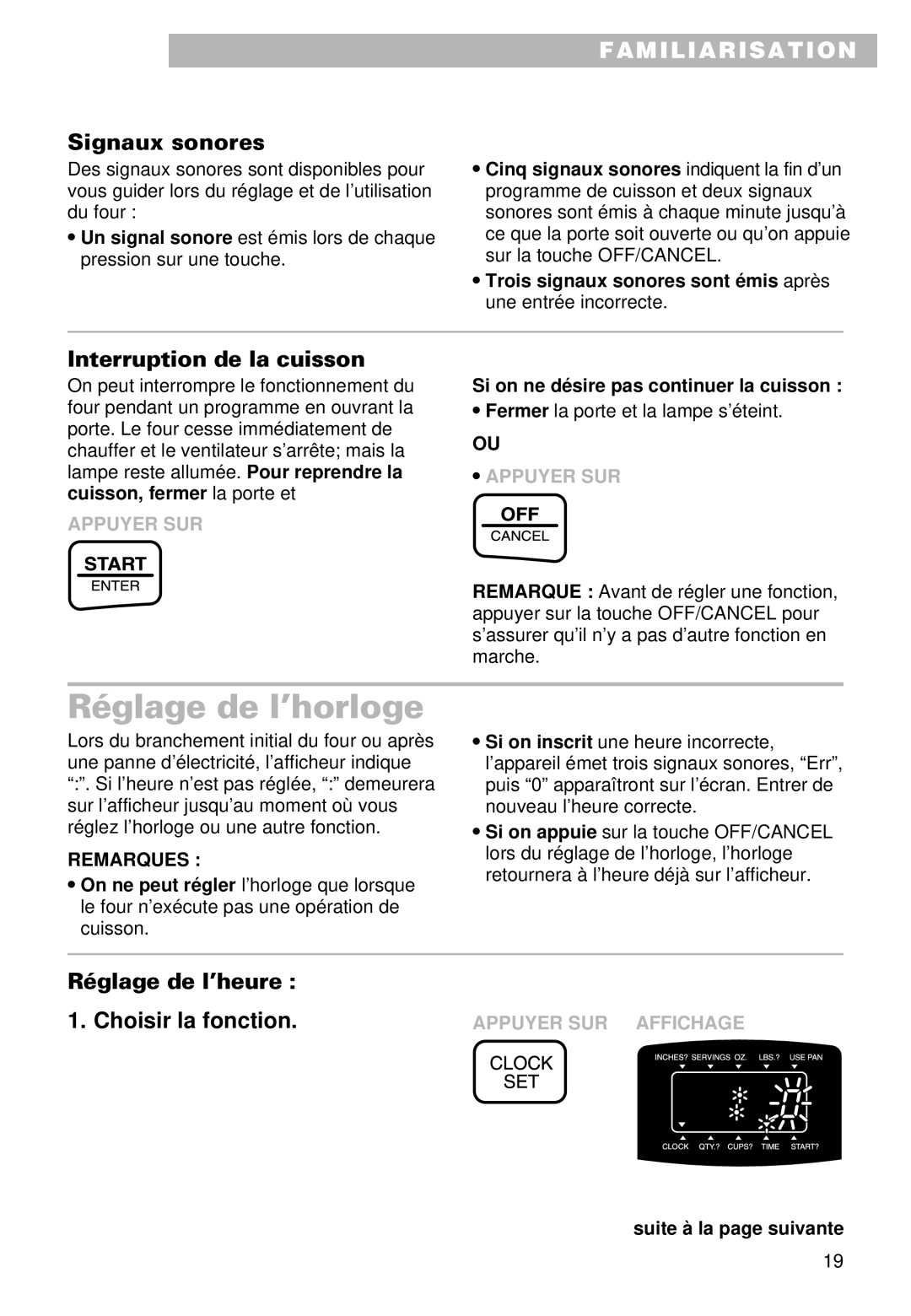 Whirlpool YMT9102SF, YMT9092SF installation instructions Réglage de l’horloge, Signaux sonores, Interruption de la cuisson 