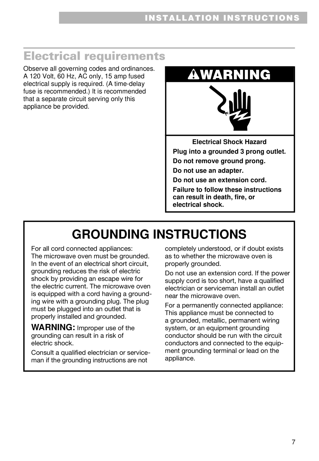 Whirlpool YMT9102SF, YMT9092SF installation instructions Grounding Instructions, Electrical requirements 