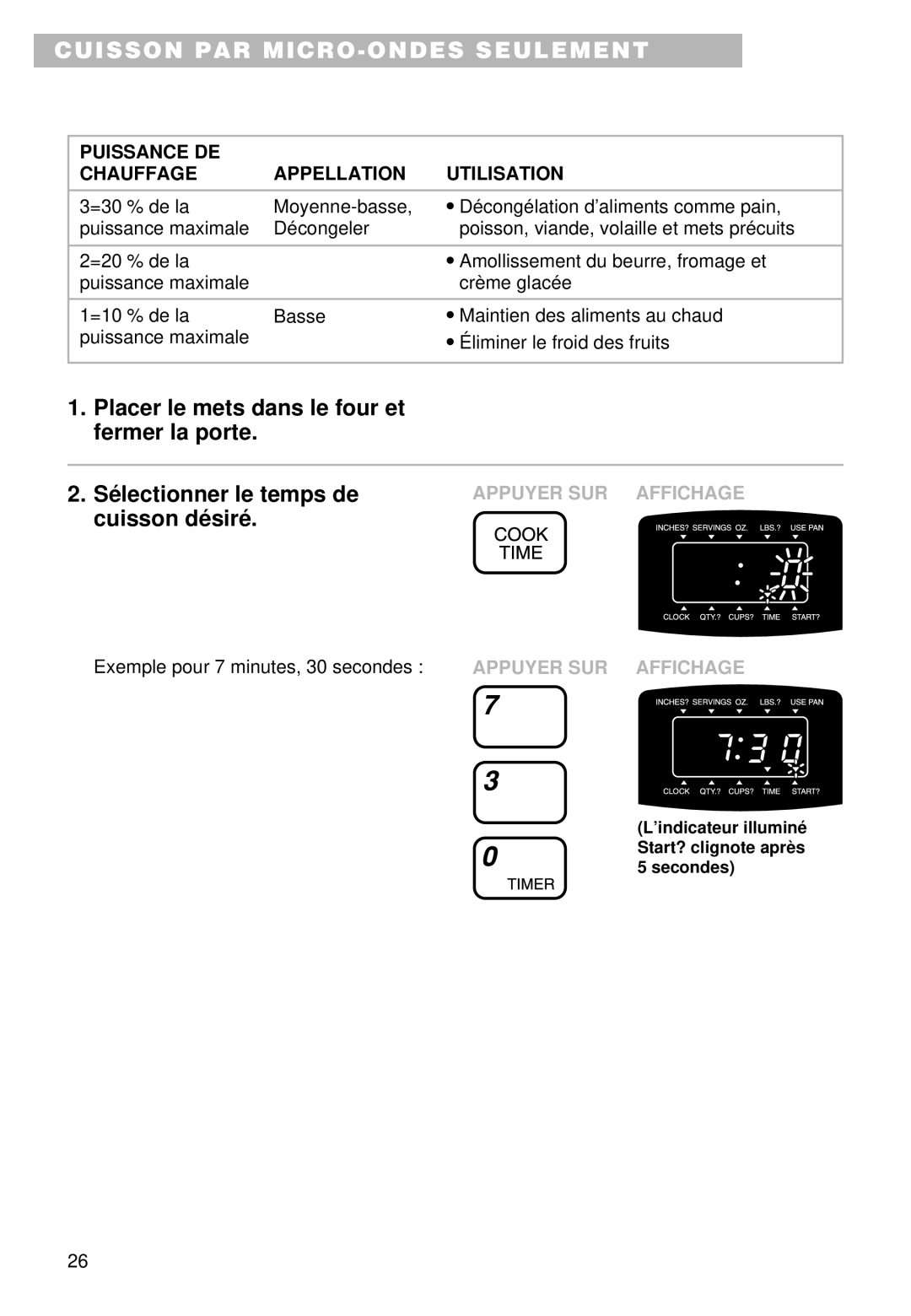 Whirlpool YMT9092SF, YMT9102SF installation instructions Exemple pour 7 minutes, 30 secondes 